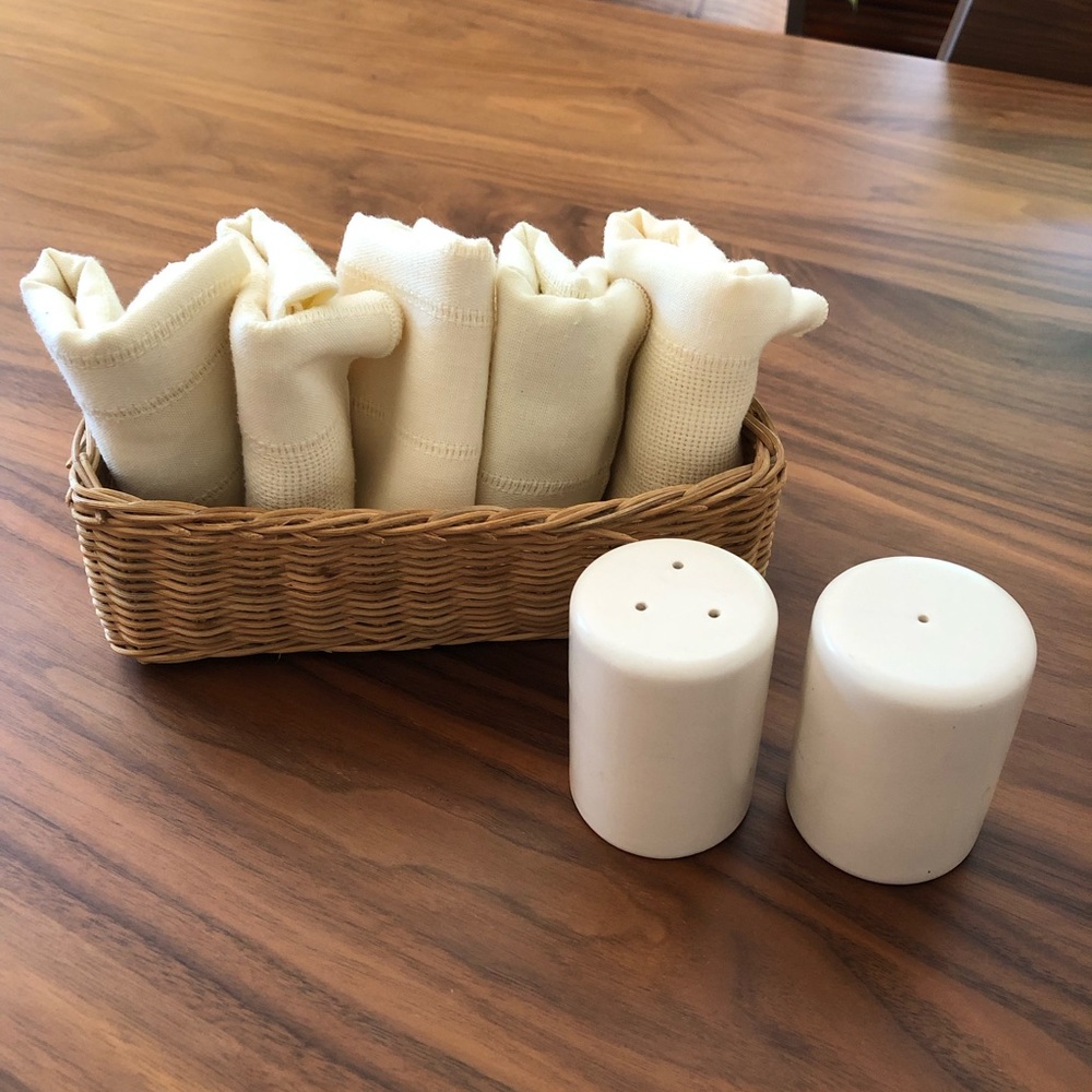 vintage set of napkins, basket, S&P shakers